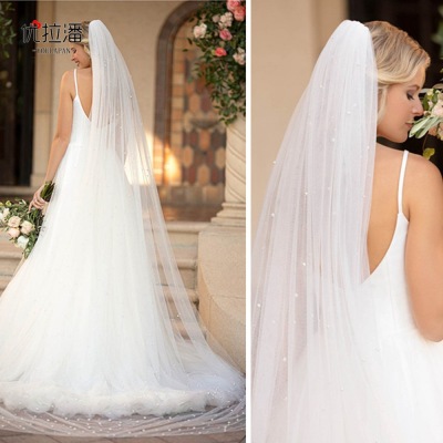 Youlapan Pearl Yarn Wedding Dress Veil Trailing Long Wedding Photography Mesh Veil Beaded 3 M Wide V09