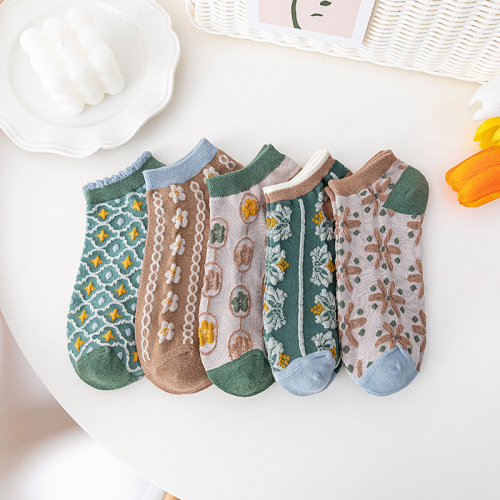 Retro Minority Color Matching Printed Boat Socks Summer Shallow Mouth Invisible Cotton Socks Casual Breathable Flower Socks Wholesale Women