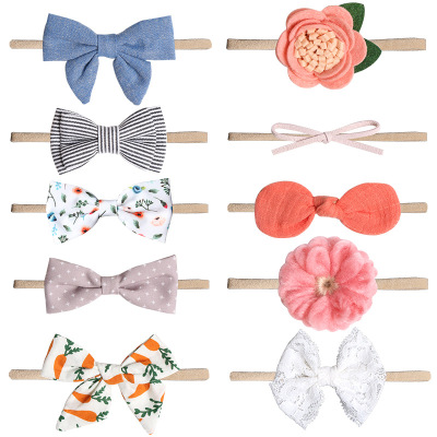 80915 Baby Printed Bow Hair Band 10 Pieces Children's Hair Accessories Set Artificial Flower Nylon Small Hair Band