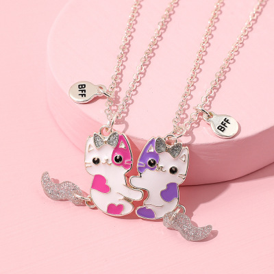 Cross-Border Hot Sale Cute Cat Movable Tail Magnet Suction Good Friend BFF Children's Necklace 2 Pack