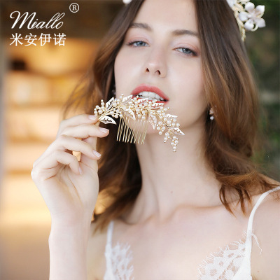 Bridal Wedding Dress Head Accessories Cross-Border Alloy Hollow Leaf Hair Comb Pearl Rhinestone Insert Comb for Updo