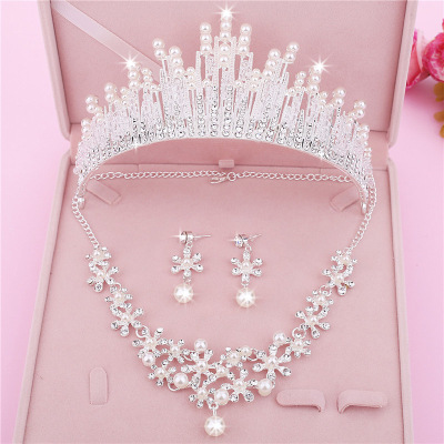 Bridal Headdress Three-Piece Crown Necklace Set Wedding Hair Accessories Wedding Dress Ornament Accessories Korean Style