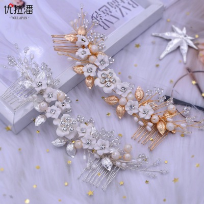 Hair Comb European and American Bride Headdress Polymer Clay Flower Crystal String Beads Double-Headed Hair Comb Hp337