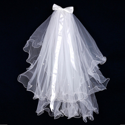 Bridal Double-Layer Pearl Ribbon Bow Veil Curling Internet Famous Photo Taking Head Accessories Children's Luminous Veil
