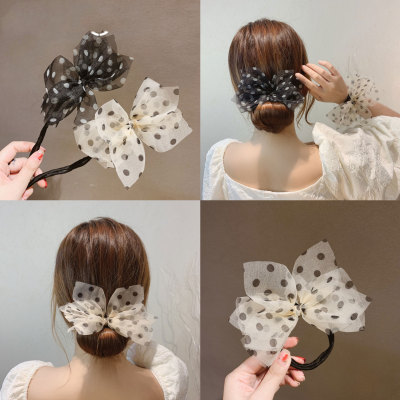 2021 Korean New Bun Polka Dot Bow Hair Band Internet Celebrity Lazy Pearl Rhinestone Braided Hair Modeling Artifact