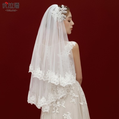 Youlapan Bridal Veil Wedding with Comb Double Layer Lace Applique European and American Bride Veil Wholesale V79