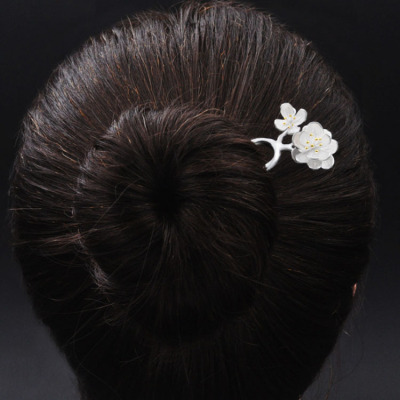 Silver Size Double Peach Blossom Two-Color Hairpin Hanfu Hall Clothing Court Clothing Antique Hair Clasp Hair Clasp