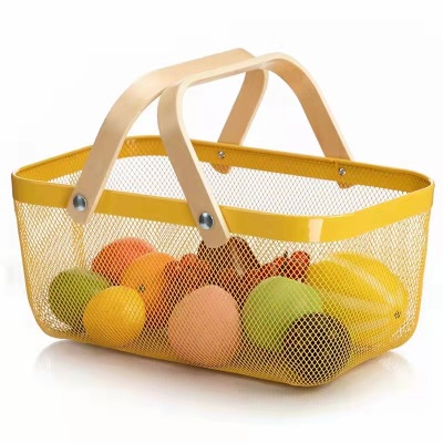 Factory Wholesale Wooden Handle Basket Multi-Color Optional Iron Wire Small Basket Storage Basket Wire Basket Fruit Basket