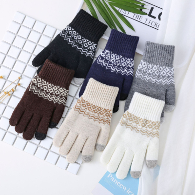 Jacquard Touch Screen Gloves Knitted Fleece Lined Padded Warm Keeping Wave Pattern Winter Gloves