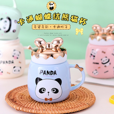 New Niche Ins Cartoon Bow Panda Mug with Lid Home Large Capacity Breakfast Cup Coffee Cup