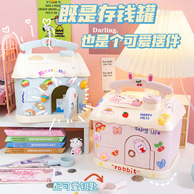 Online Influencer Cute Small House Coin Bank Children Coin Money Box with Lock Saving Box Boys and Girls Prize Gift