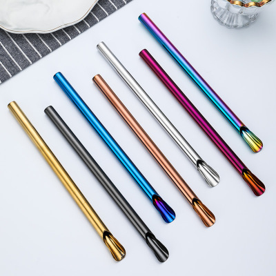 304 Stainless Steel Spoon Type Straw Stirring Smoothie Double Skin Milkshake Straight Straw Cold Drink Straw Spoon Logo