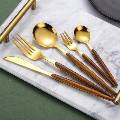 Tableware Imitation Wooden Handle Stainless Steel Knife Fork and Spoon Set Western Tableware Golden Steak Knife and Fork