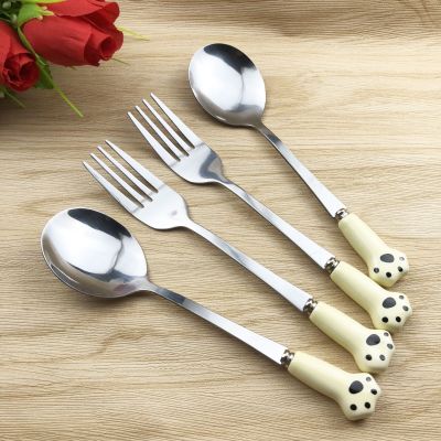 Steel Cartoon Porcelain Handle Cat's Paw Big Head Spoon Fork Ins Simple Breakfast Spoon Dessert Cake Fruit Spoon Fork