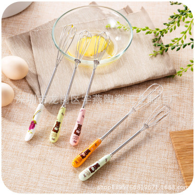 Color Fashion Bear Ceramic Handle Stainless Steel Small Manual Eggbeater Cake Biscuit Baking Blender