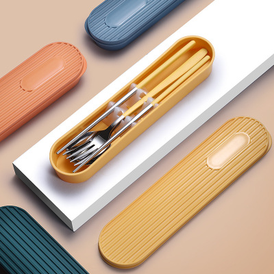 304 Portable Stainless Steel Tableware Chopsticks Spoon Kit Cutlery Box Three-Piece Set Student Office Worker Laser Logo