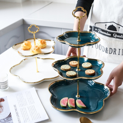 Ceramic Golden Trim DoubleLayer Dessert Table ThreeLayer Dim Sum Plate Wedding Cake Birthday Fruit Plate Display Stand
