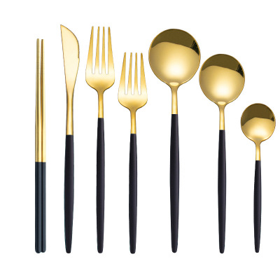 GoldPlated Portable Western Portuguese Tableware Stainless Steel SpoonChopstick Set Dessert Coffee Knife Fork and Spoon