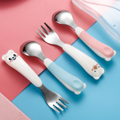 Children's Tableware Portable Set 304 Stainless Steel Spoon Fork Infant Feeding Tableware Baby Cartoon Fork Spoon