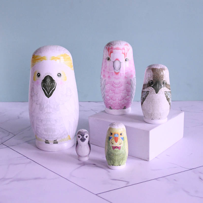 White Owl Cartoon Home Wooden Decorative Crafts Russian Matryoshka Doll Character Statue Can Add Logo
