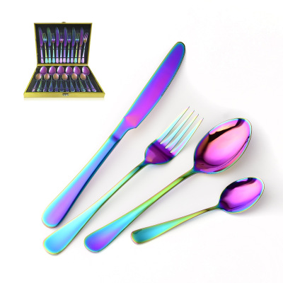 CrossBorder Colorful GoldPlated Stainless Steel Knife Fork and Spoon FourPiece Set 16 24Piece Hotel Tableware Gift