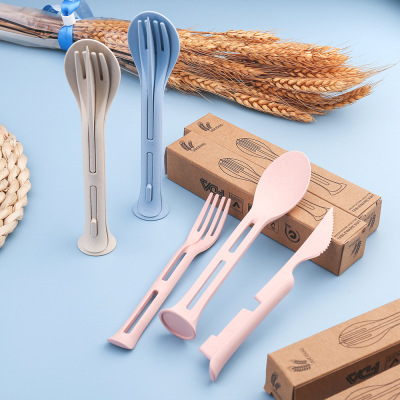 Straw Portable Knife and Fork Set Pp Material Knife Fork and Spoon Student Traveling ThreePiece Suit Wheat Tableware