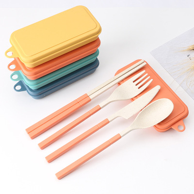 Spoon Kit Office Worker Portable Japanese Style Folding Tableware Cute Knife and Fork Wheat Straw Outer Belt Storage Box