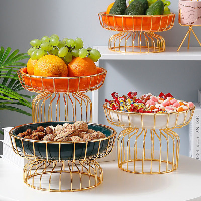 Amazon Ceramic Iron Rack Fruit Plate Nordic Light Luxury Gold Iron Ceramic Snack Dish Cosmetics Storage Tray