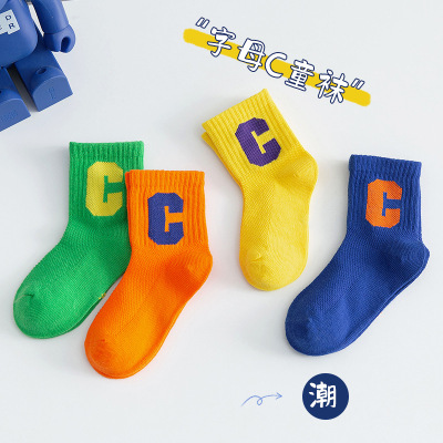 Children's Socks Letter Big C Spring/Summer Thin Mid-Calf Length Breathable Mesh Stockings Boys and Girls Students' Socks Cotton Socks