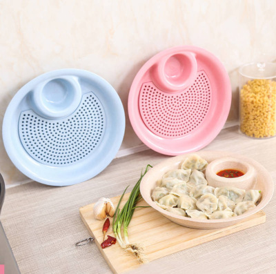 Dumpling Plate Creative FanShaped Dinner Plate Wheat Straw Dumpling Plate Fruit Plate Kitchen Double Deck Draining Plate