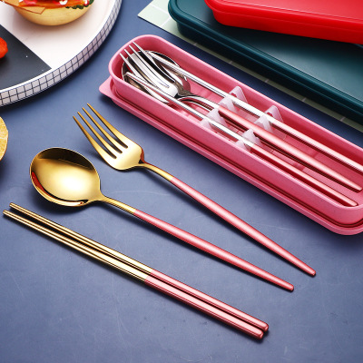 Stainless Steel Tableware Set Portable Spoon Chopsticks Fork ThreePiece Set Gift Portuguese Student Spoon Chopsticks Set