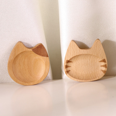 INS Cute Cartoon Cat Seasoning Dish Household Desk Sauce Vinegar Small Wooden Dish Beech Solid Wood Hand Carved Dish