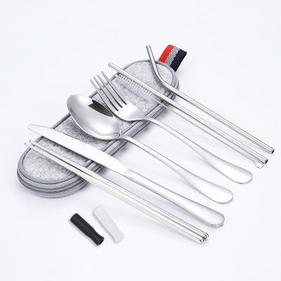 Stainless Steel Tableware Straw Set ScratchResistant Silicone Mouth Outdoor Travel Camping Portable Tableware 7Piece Set