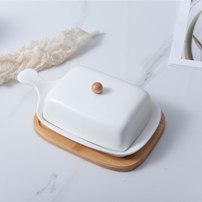 Cross-Border Butterboat Bamboo Mat Detachable Ceramic Cover Butter Dish with Handle Can Be Printed Logo