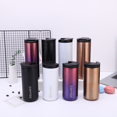 New Gradient Flat Lid Stainless Steel Vacuum Cup Simple Coffee Cup Portable Handy Cup Creative Gift Cross-Border