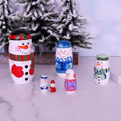 Russian Matryoshka Doll Five-Layer Christmas Snowman Doll Theaceae Grinding Painted Ornaments Painted Wood Crafts in Stock