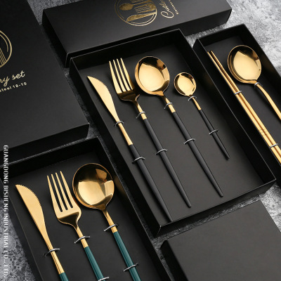 and Spoon Gift Box Stainless Steel Bright Mirror Portuguese Tableware Titanium FourPiece Black Gold Spoon Chopsticks Set