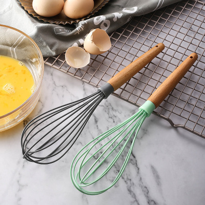 Beech Handle Egg Beater Household Kitchen Tools Manual Stirrer Silicone Stainless Steel Stirring Rod Baking Utensils