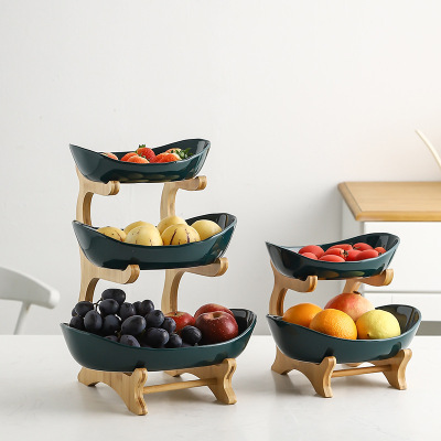 Creative Nordic Peacock Green Double-Layer Three-Layer Fruit Plate Dried Fruit Tray Bamboo Stand Household Plate Sushi Plate