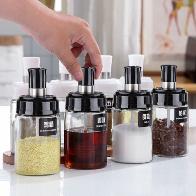 Glass Condiment Bottle Seasoning Jar Oiler Spoon and Lid Integrated Seasoning Box Set Condiment Pot Control Salt Bottle