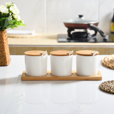 Wholesale Kitchen Supplies Amazon Creative Ceramic Seasoning Jar Seasoning Box Set Straight Bamboo Cover Three-Piece Set