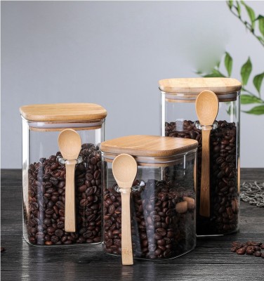 Sealed Can Food Storage Jar Kitchen Spice Box Seasoning Containers Wooden Lid Wooden Spoon Seasoning Jar Storage Bottle