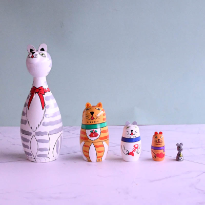 Russian Matryoshka Doll Five-Layer Long Neck Cat Matryoshka Doll Theaceae Grinding Painted Ornaments Painted Wood Crafts in Stock