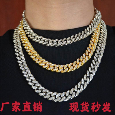 Street Hipster 12.5mm European and American Amazon Double Row Full Diamond Hip Hop Cuban Link Chain Bracelet Necklace