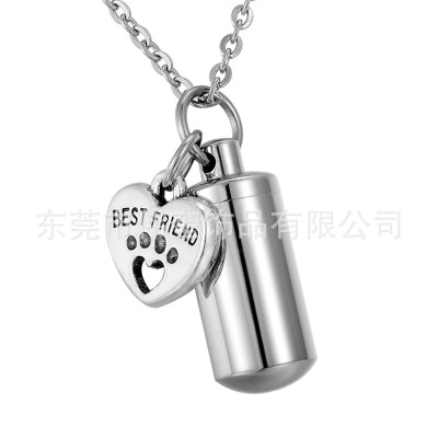 Pet Remains Hair Silver Cylinder with Heart-Shaped Small Accessories Cinerary Casket Waterproof Necklace Pendant