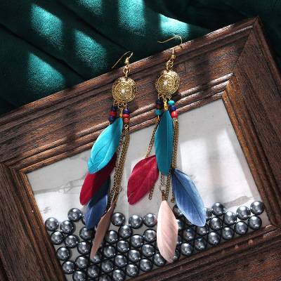 and American Retro Colorful Chain Tassel Earrings Bohemian Feather Yiwu Accessories Creative Long Earrings Wholesale