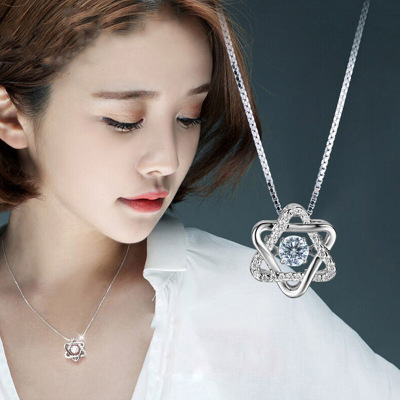 White Gold Plated Pendant Smart Six-Pointed Star Box Necklace Fashion Trend Korean Style Female Rhinestone Zircon