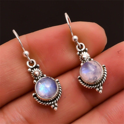 Wish Hot Sale New Moonstone Vintage Earrings European and American Fashion Thai Silver Colorful Gem Ear Hook Ear Rings