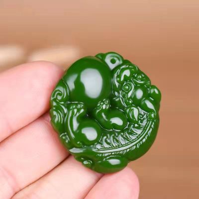 to Hetian Jade Green Jade, Jade Pendant Double Beast Pendant for Men and Women, Everything Is Safety Blessing Pendant