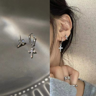 Silver Needle Cross Stud Earrings 2021 New Fashion Earrings for Women Punk Fashion Personality Asymmetric Earrings